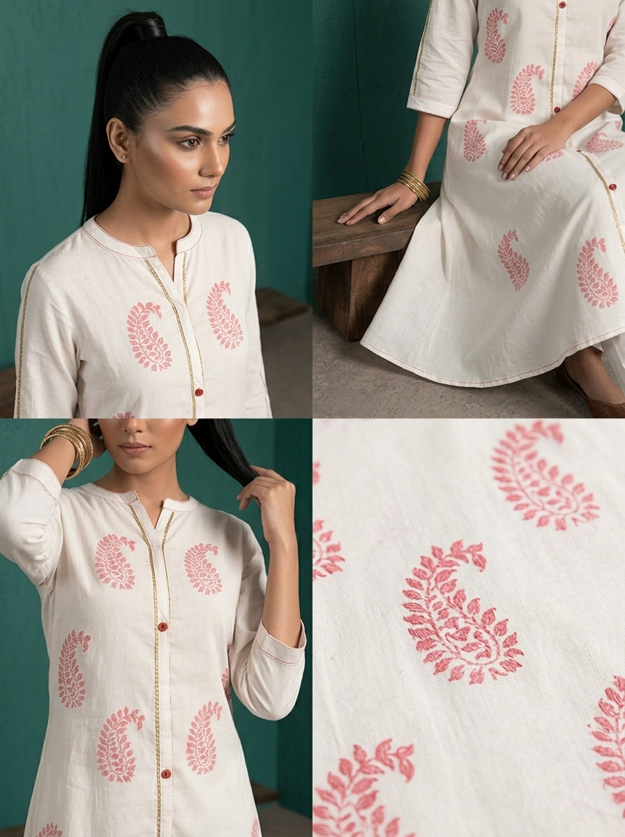 White Rayon Paisley Block Printed Kurta