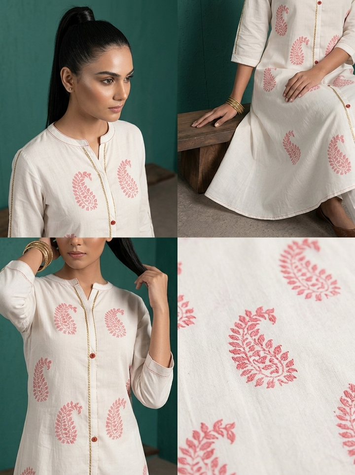 White Rayon Paisley Block Printed Kurta
