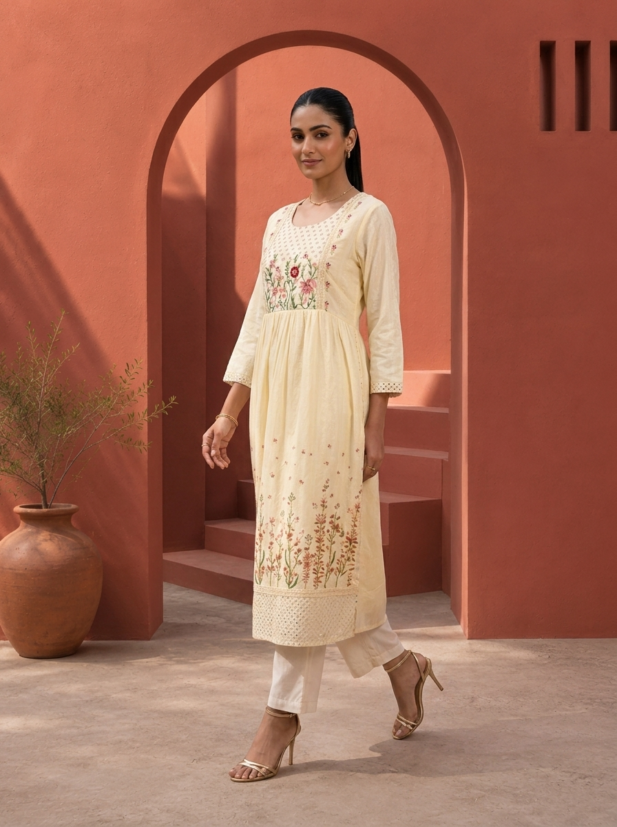Cream Cotton Resham Floral Embroidered Kurta