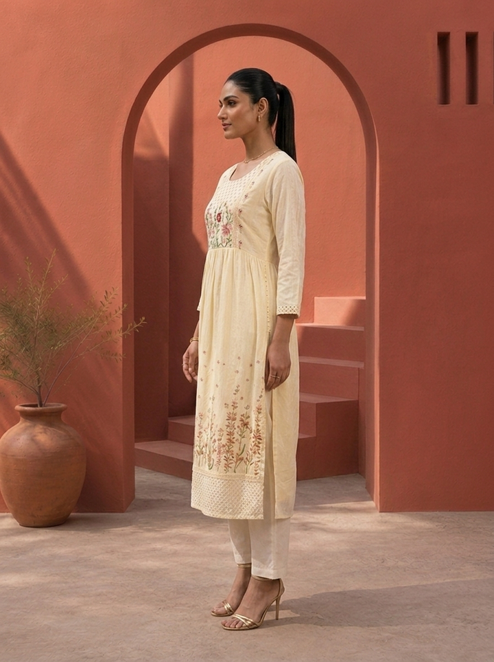 Cream Cotton Resham Floral Embroidered Kurta
