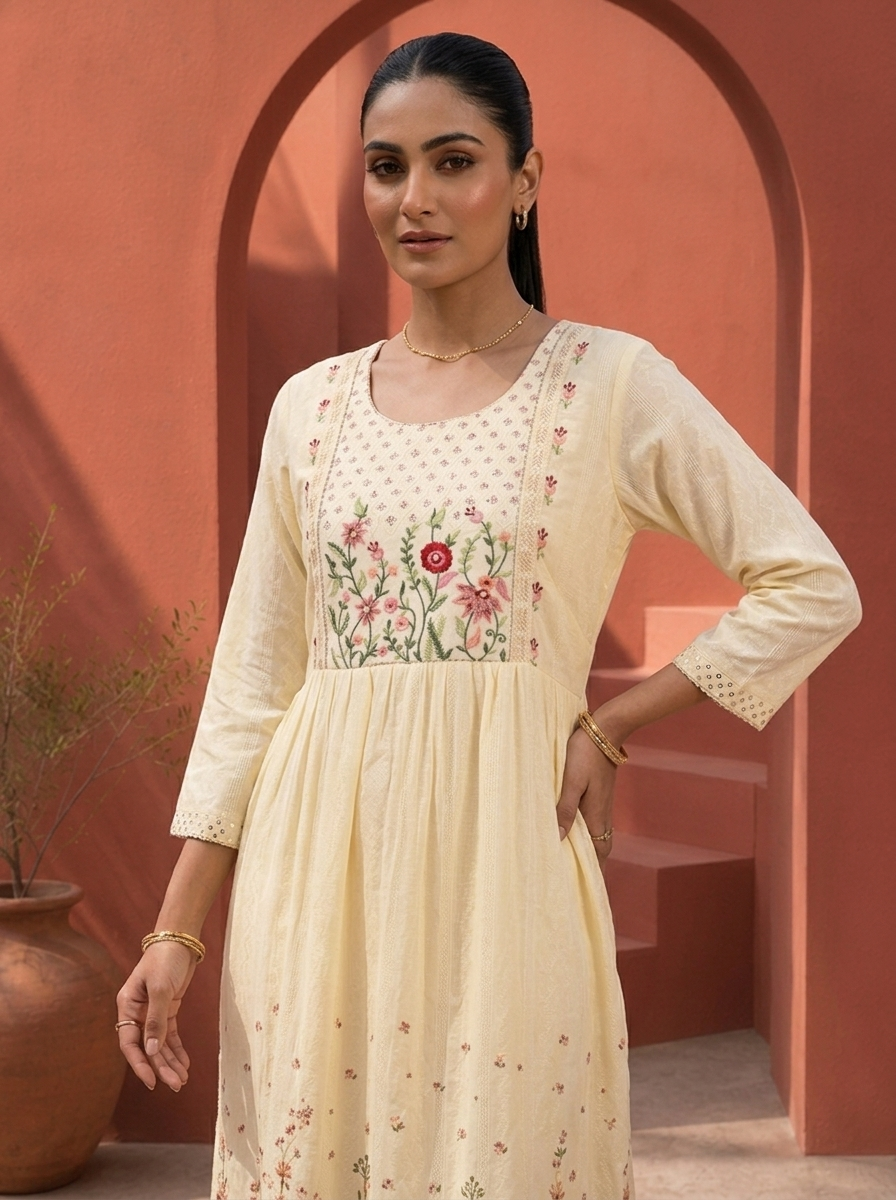Cream Cotton Resham Floral Embroidered Kurta