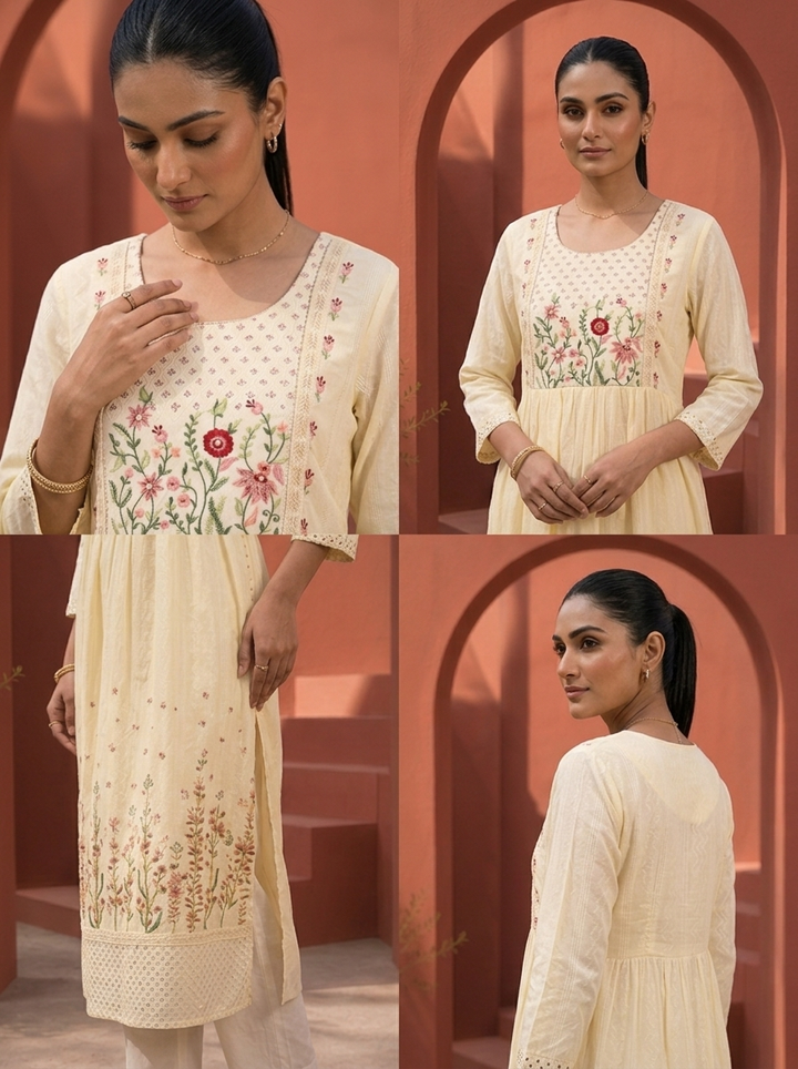 Cream Cotton Resham Floral Embroidered Kurta