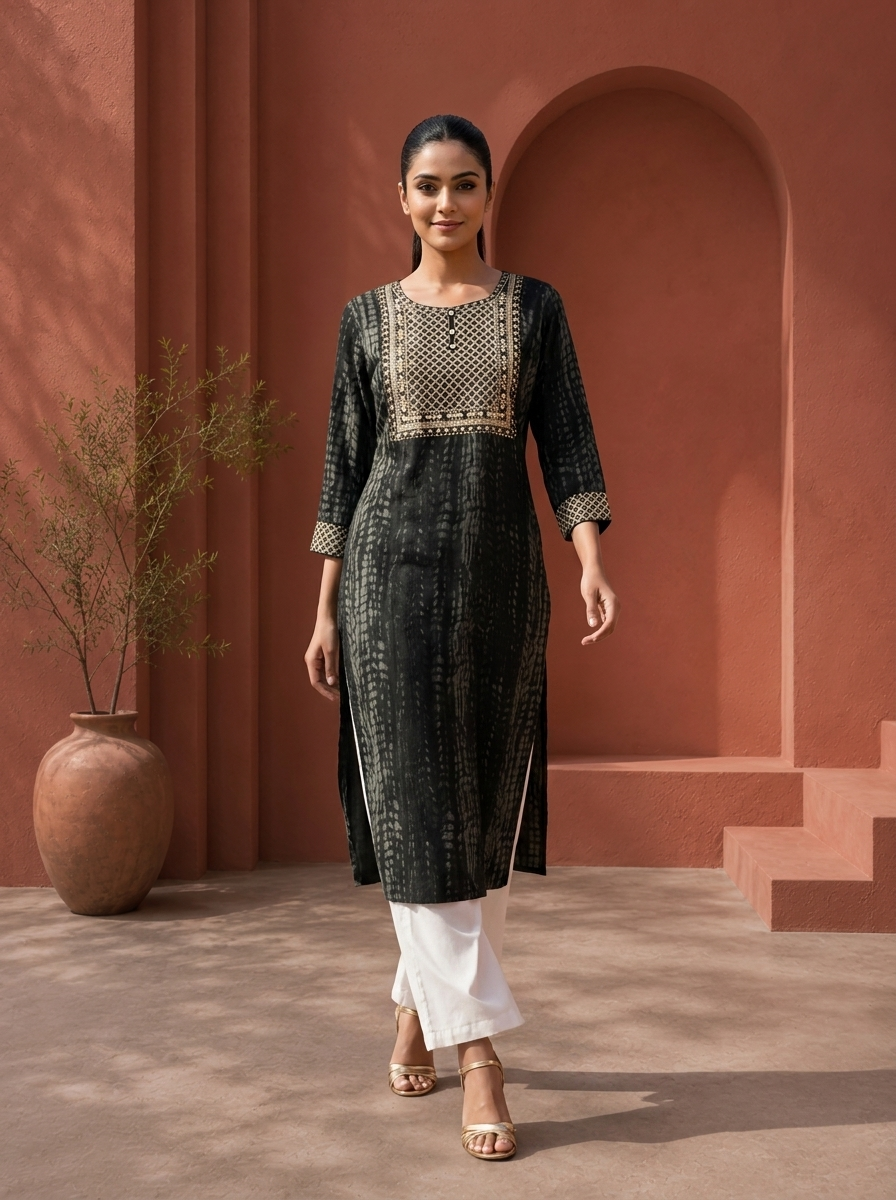 Black Rayon Shibori Printed Kurta