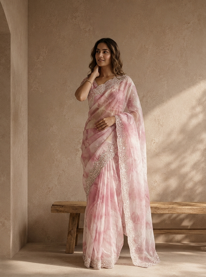 Onion Organza Tie-Dye Saree With Heavy Scallop Stone And Mirror Border