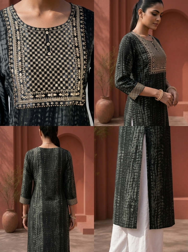 Black Rayon Shibori Printed Kurta