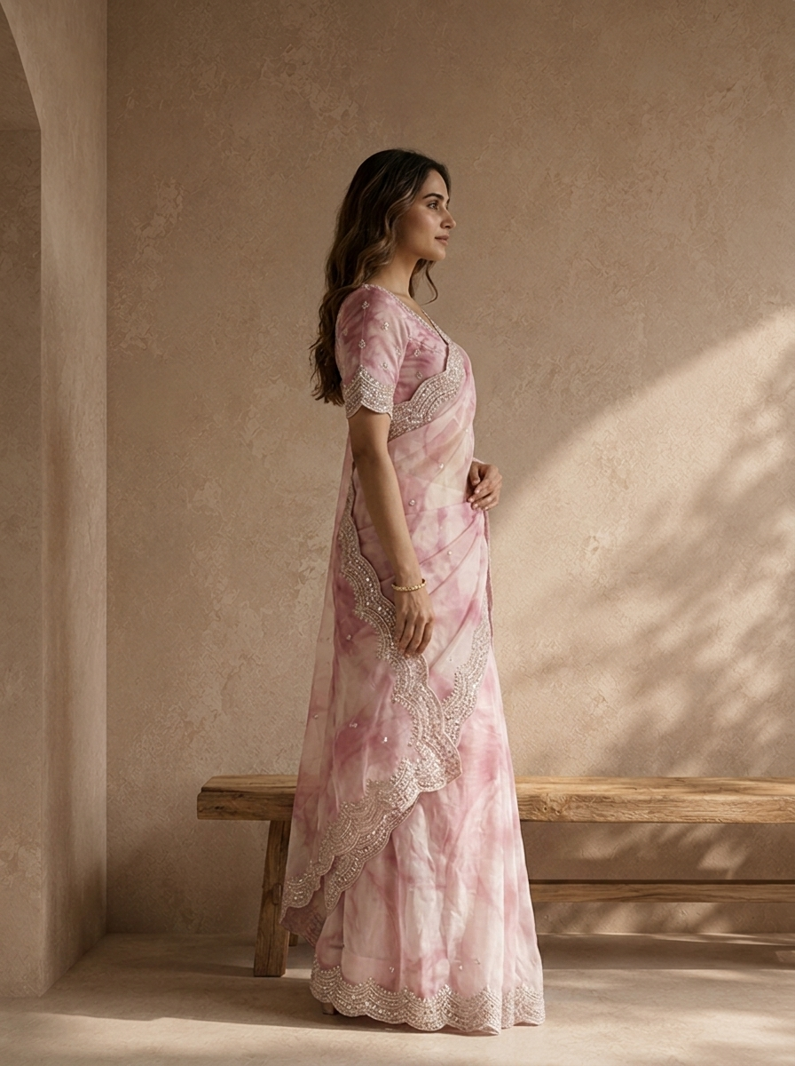 Onion Organza Tie-Dye Saree With Heavy Scallop Stone And Mirror Border