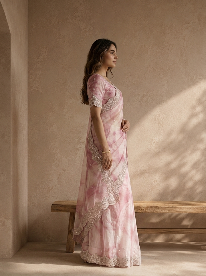 Onion Organza Tie-Dye Saree With Heavy Scallop Stone And Mirror Border