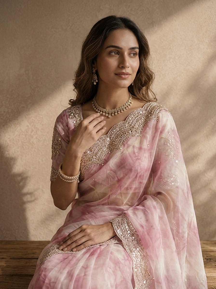 Onion Organza Tie-Dye Saree With Heavy Scallop Stone And Mirror Border