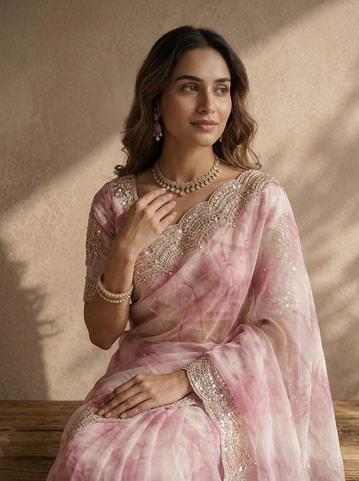 Onion Organza Tie-Dye Saree With Heavy Scallop Stone And Mirror Border