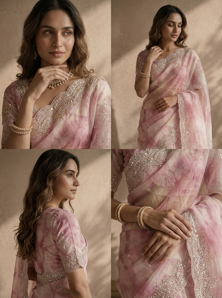 Onion Organza Tie-Dye Saree With Heavy Scallop Stone And Mirror Border