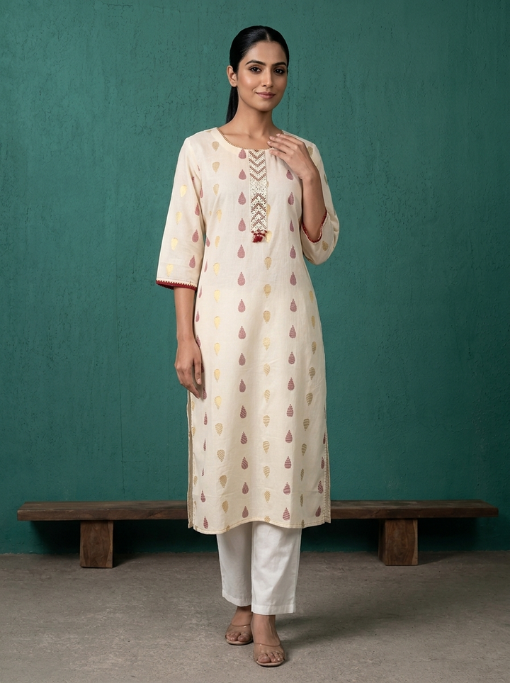 Cream Rayon Foil Buti Print Embroidered Kurta