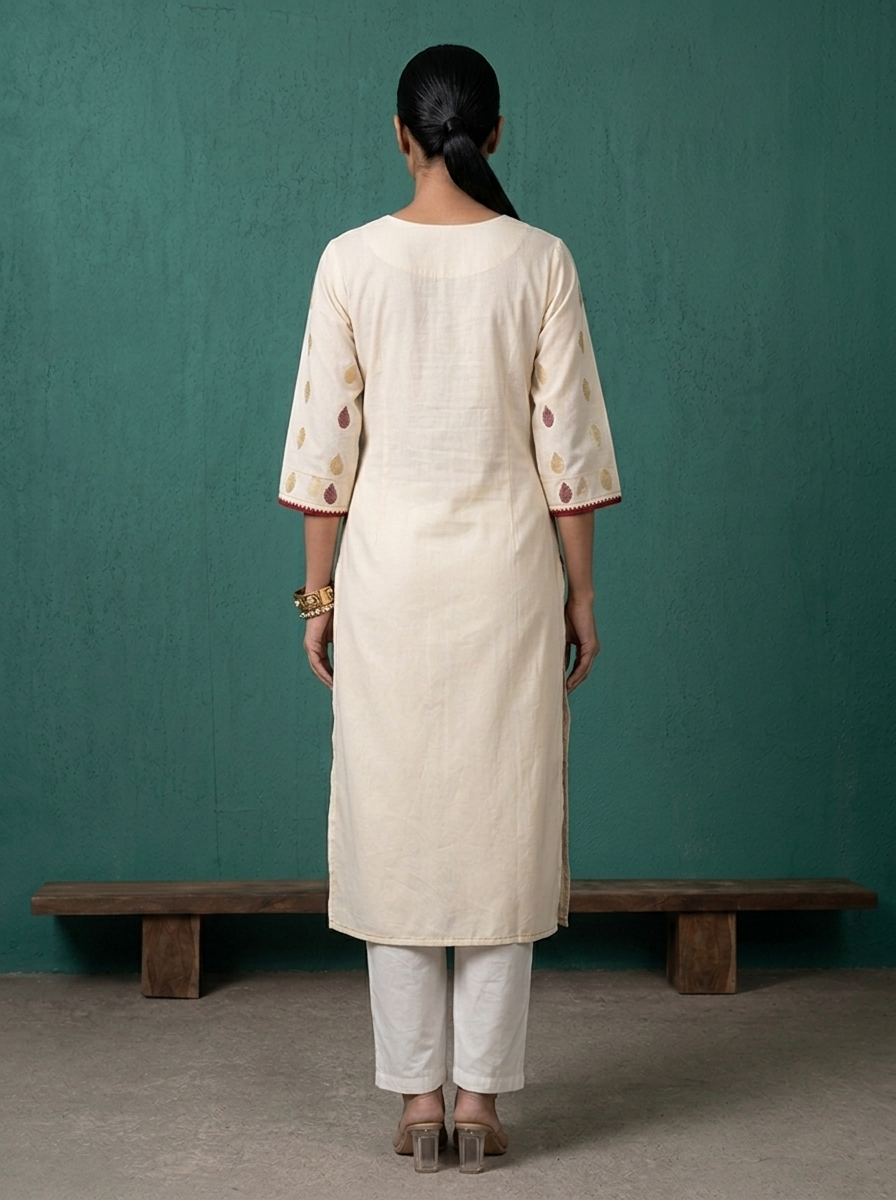 Cream Rayon Foil Buti Print Embroidered Kurta