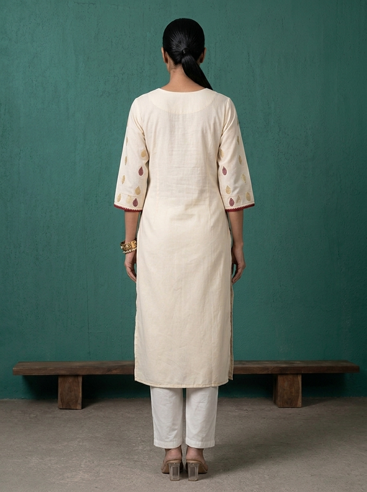 Cream Rayon Foil Buti Print Embroidered Kurta