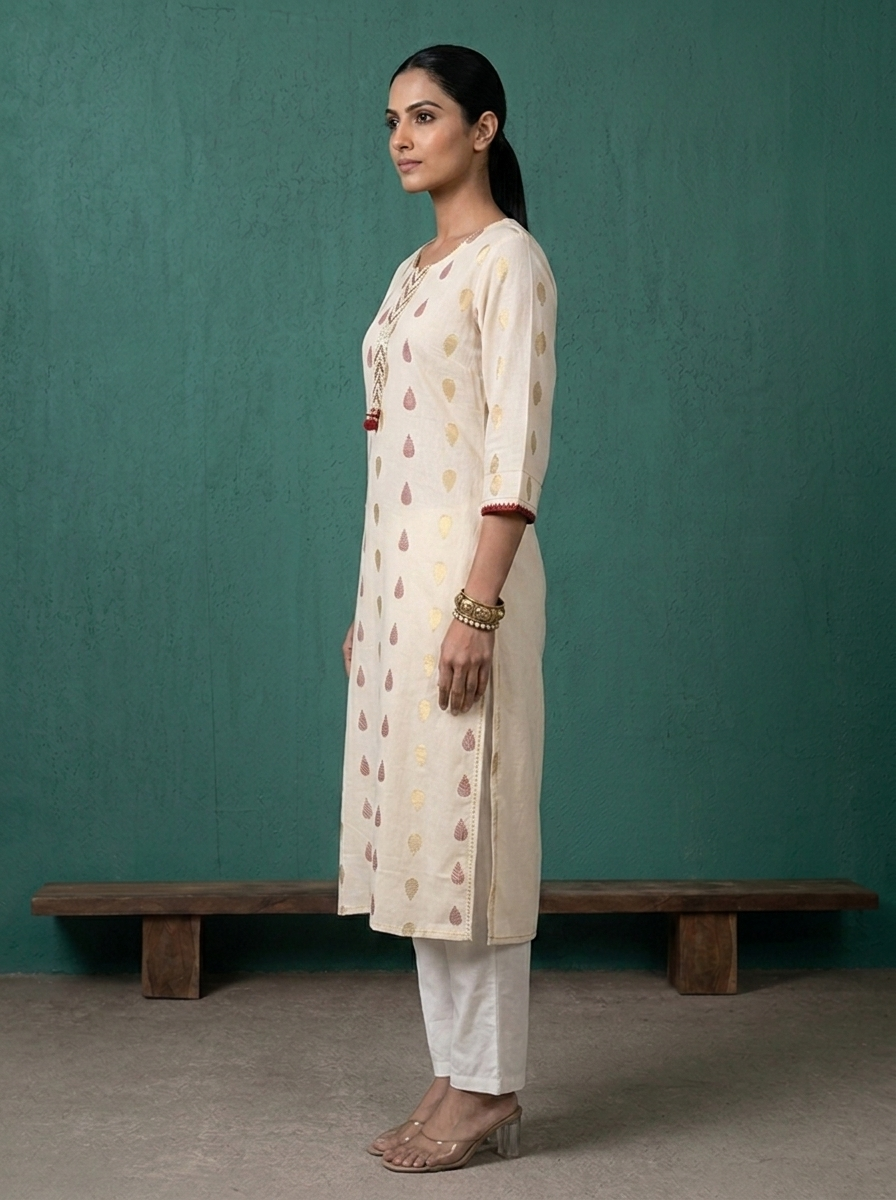 Cream Rayon Foil Buti Print Embroidered Kurta
