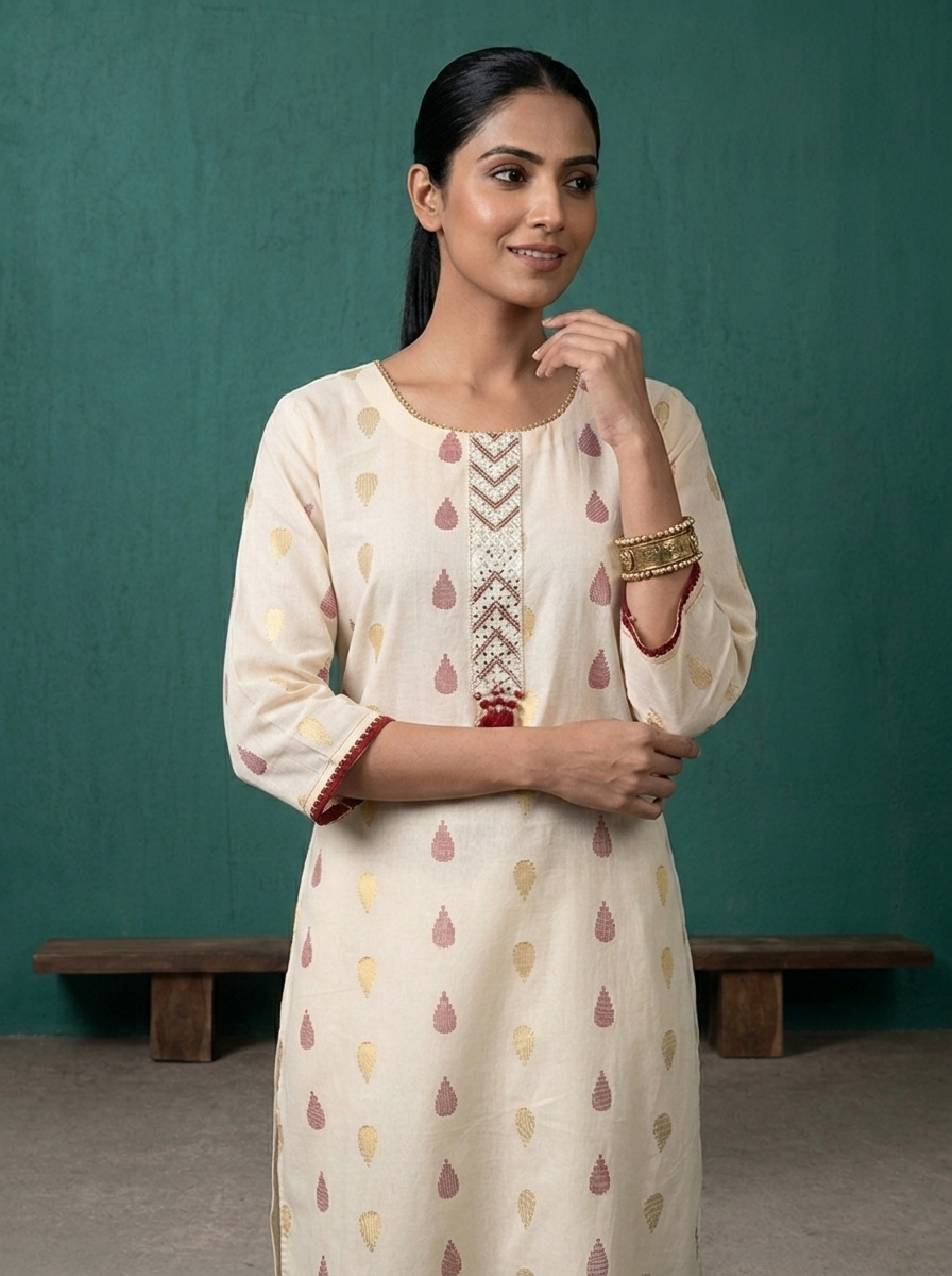 Cream Rayon Foil Buti Print Embroidered Kurta