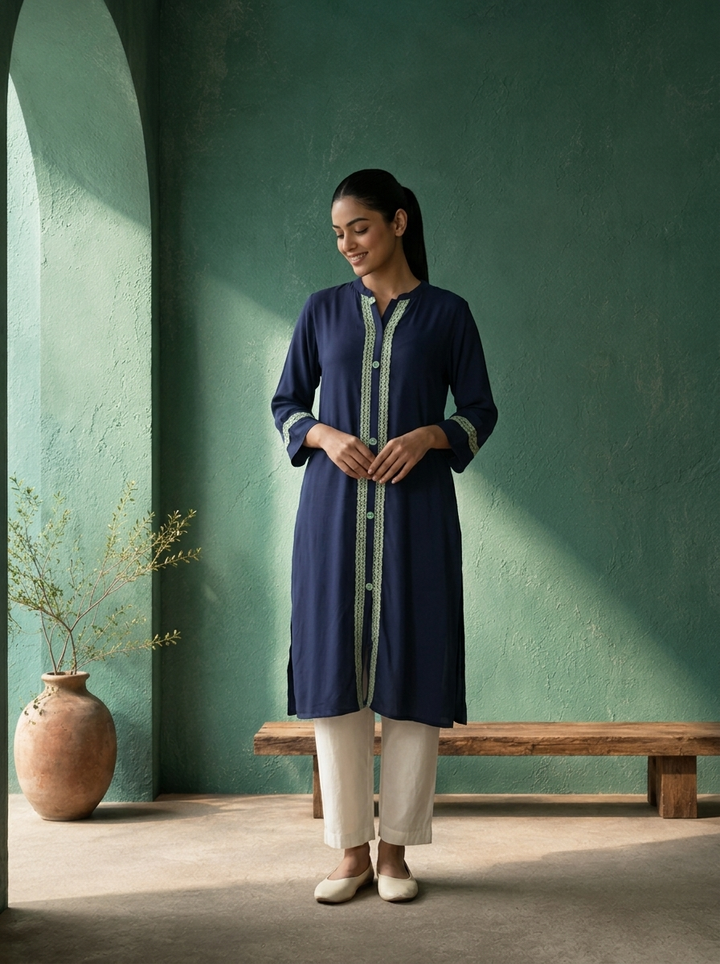 Navy Blue Rayon Solid With Crochet Lace Trim Kurta