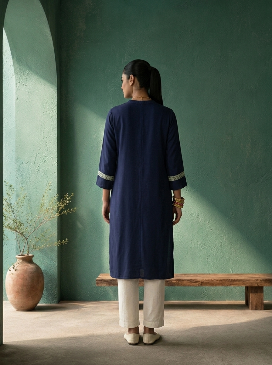 Navy Blue Rayon Solid With Crochet Lace Trim Kurta