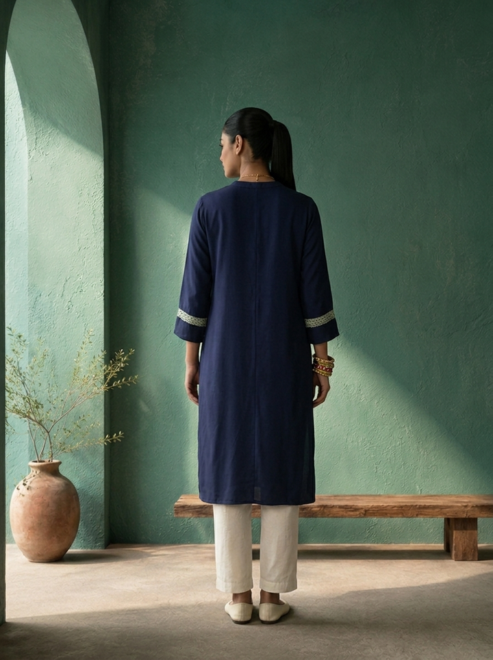 Navy Blue Rayon Solid With Crochet Lace Trim Kurta