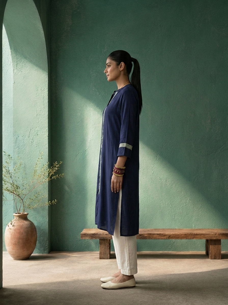 Navy Blue Rayon Solid With Crochet Lace Trim Kurta