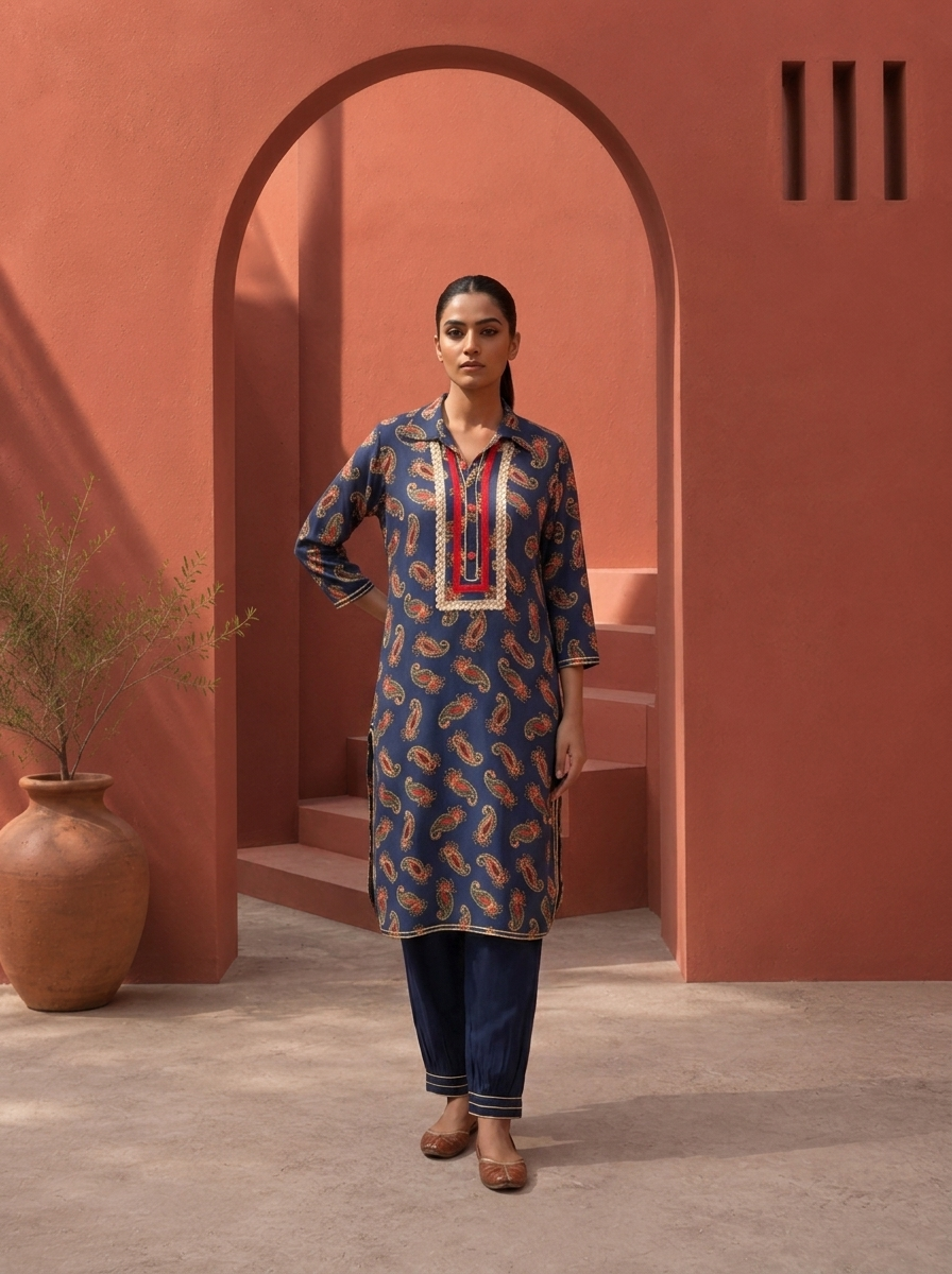 Navy Blue Rayon Paisley Printed Two Piece Set