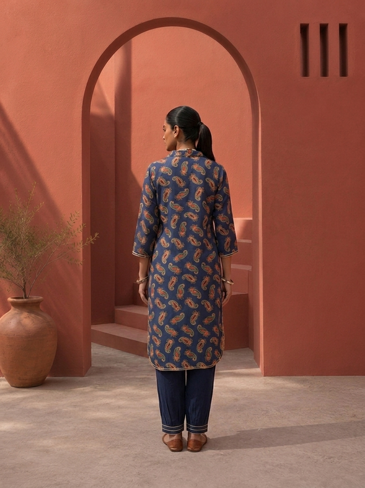 Navy Blue Rayon Paisley Printed Two Piece Set