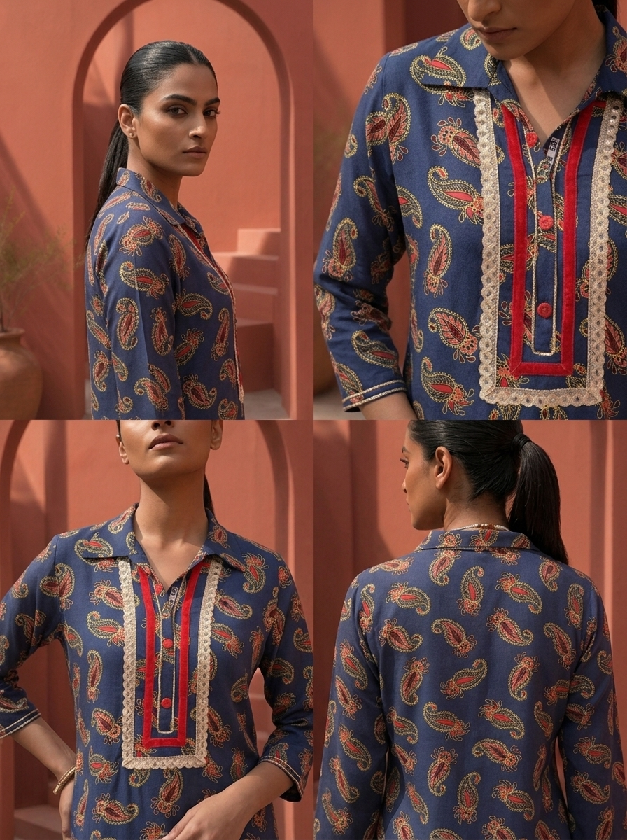 Navy Blue Rayon Paisley Printed Two Piece Set