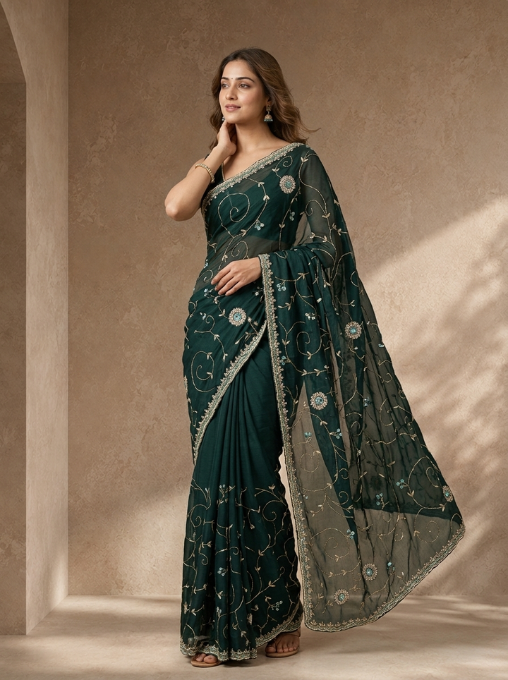 Bottle Green Organza Jaali Vine Embroidered Saree