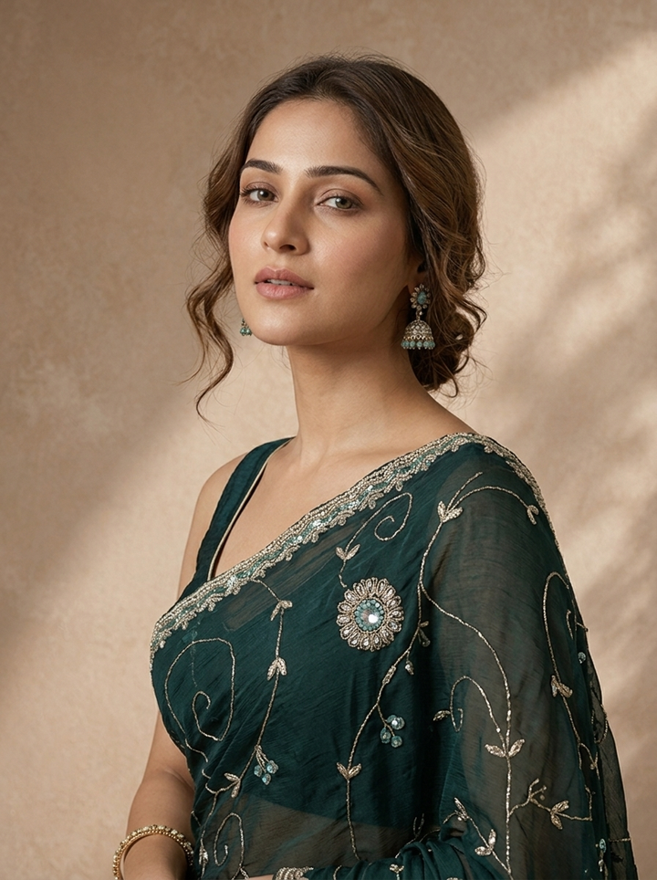 Bottle Green Organza Jaali Vine Embroidered Saree