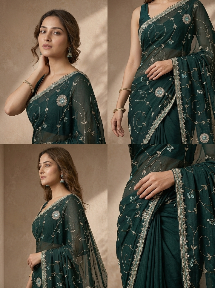 Bottle Green Organza Jaali Vine Embroidered Saree