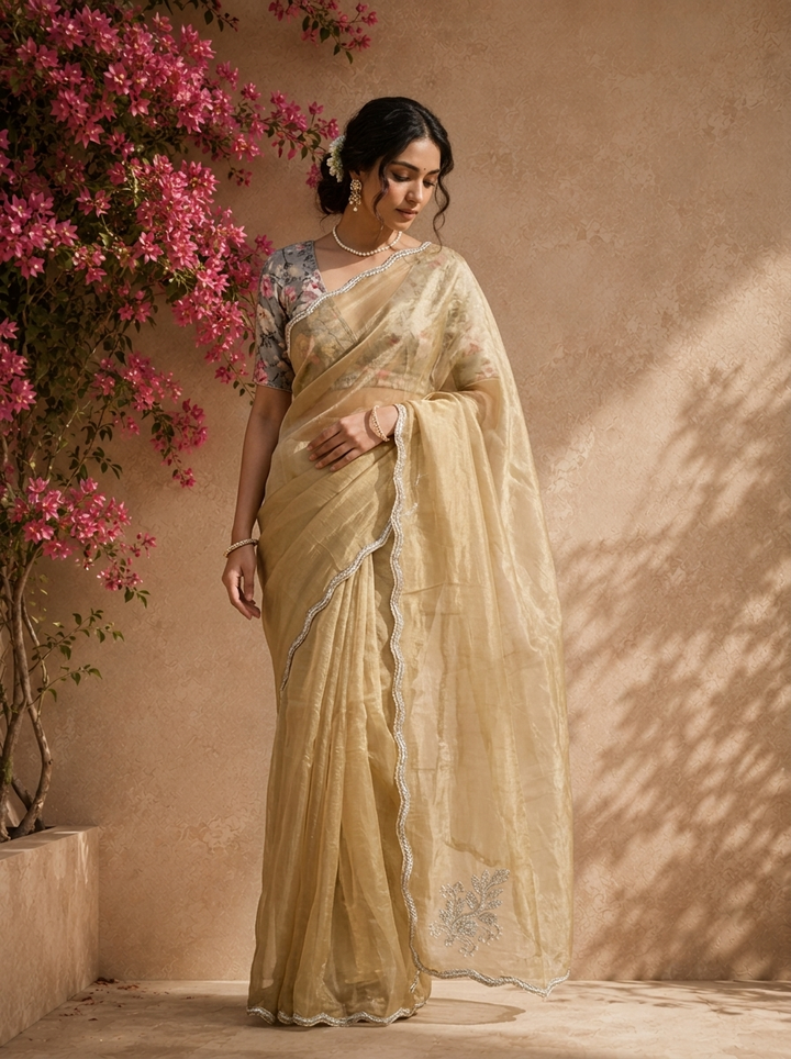 Gold Organza Embroidered Saree With Scallop Gota Border