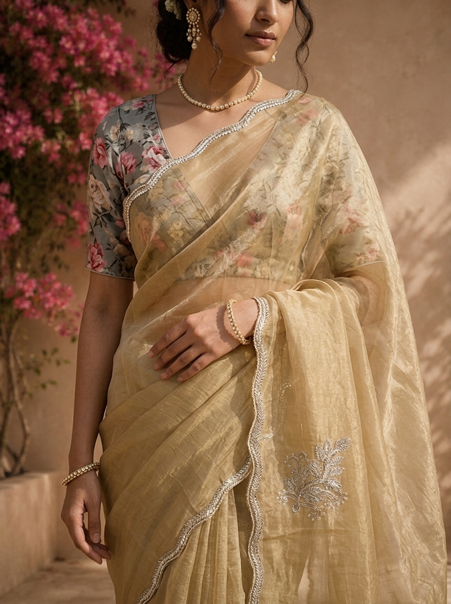 Gold Organza Embroidered Saree With Scallop Gota Border