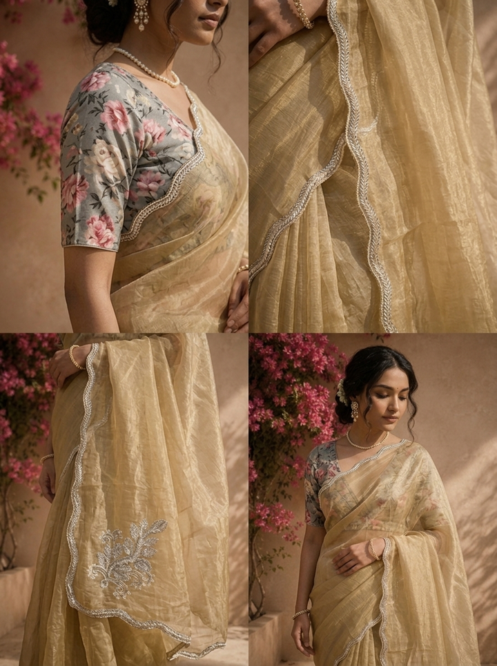 Gold Organza Embroidered Saree With Scallop Gota Border