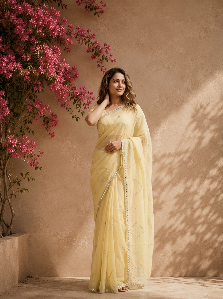 Lime Yellow Organza Geometric Sequin Jaal Embroidered Saree With Mirror Border