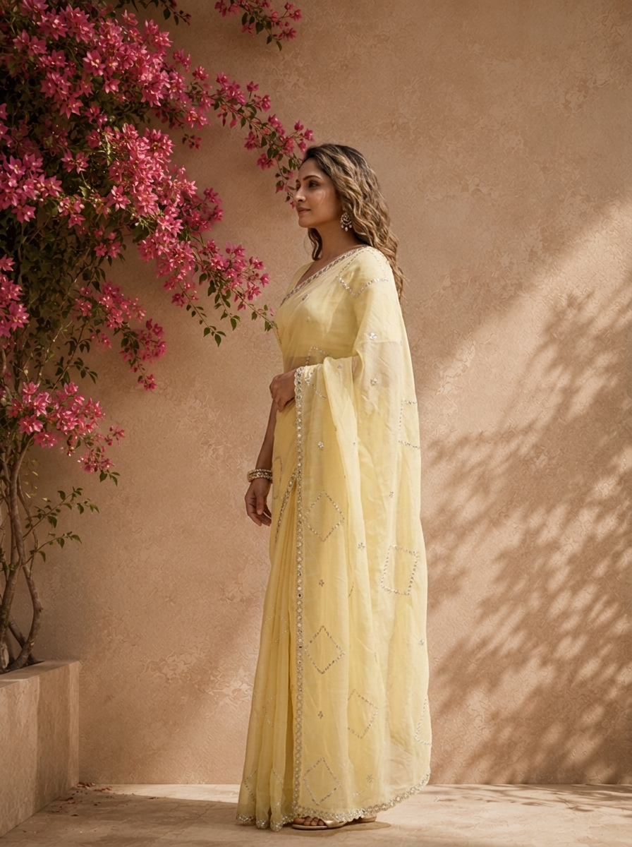 Lime Yellow Organza Geometric Sequin Jaal Embroidered Saree With Mirror Border