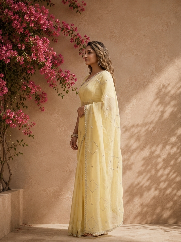 Lime Yellow Organza Geometric Sequin Jaal Embroidered Saree With Mirror Border