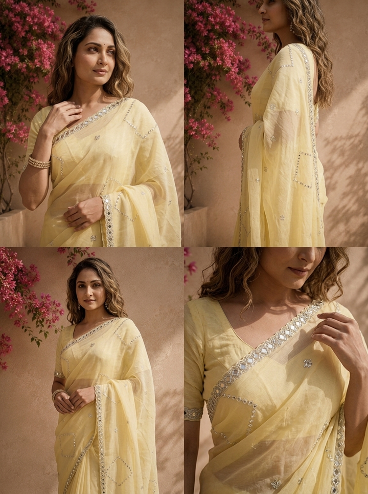 Lime Yellow Organza Geometric Sequin Jaal Embroidered Saree With Mirror Border