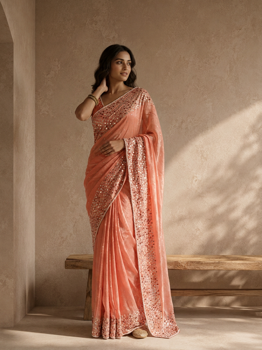 Peach Organza Sequin Embroidered Saree