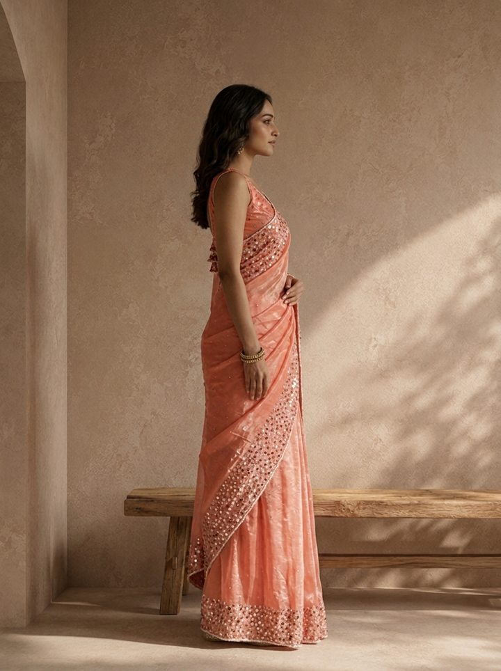 Peach Organza Sequin Embroidered Saree