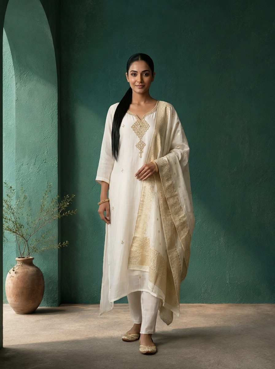 Cream Muslin Heavy Double Pendant Embroidered Three Piece Set