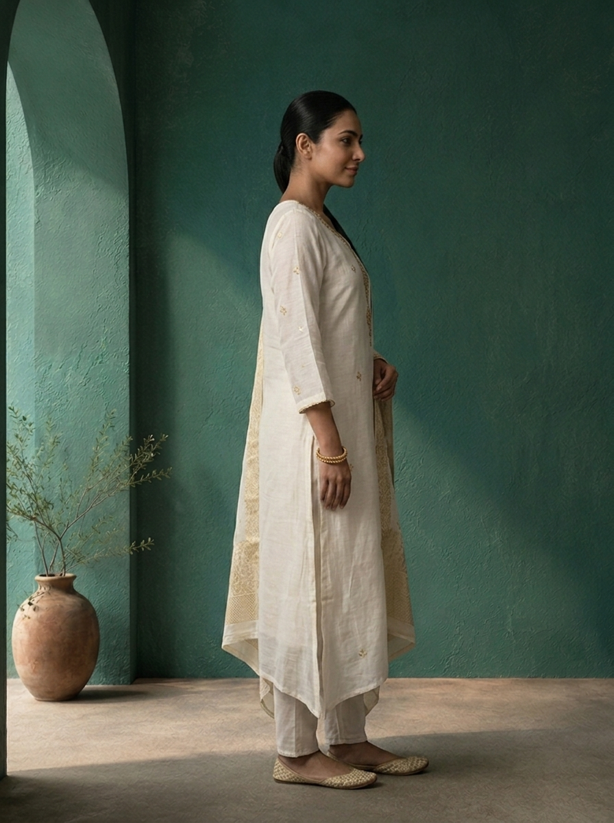 Cream Muslin Heavy Double Pendant Embroidered Three Piece Set