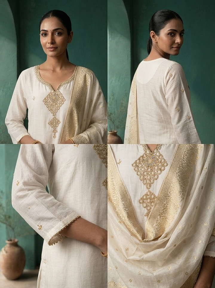 Cream Muslin Heavy Double Pendant Embroidered Three Piece Set