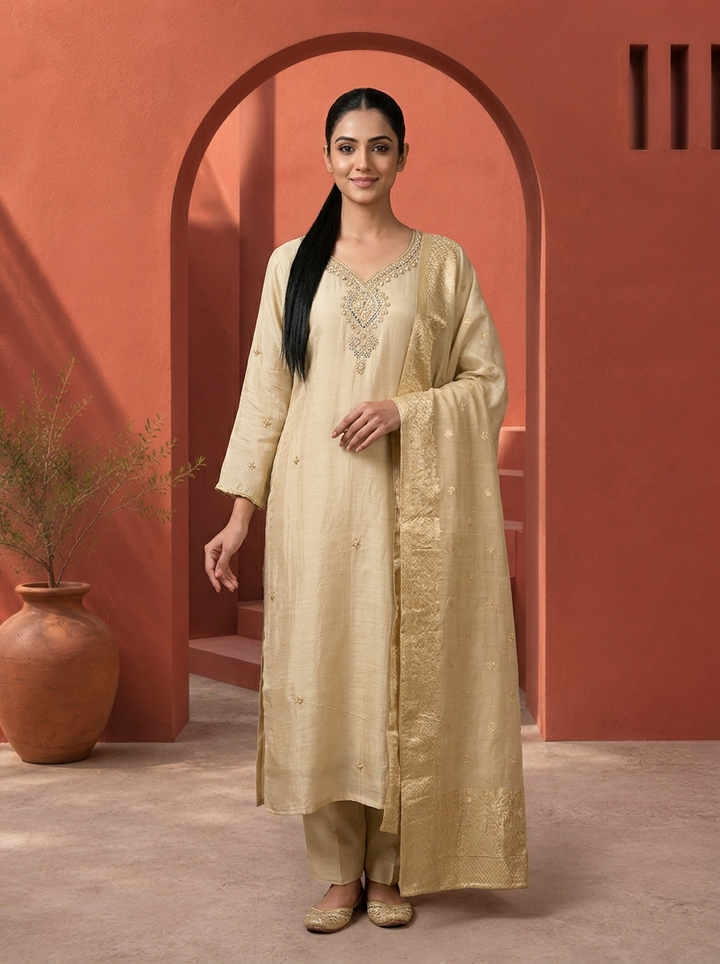 Grey Muslin Heavy Stone And Zari Embroidered Three Piece Set