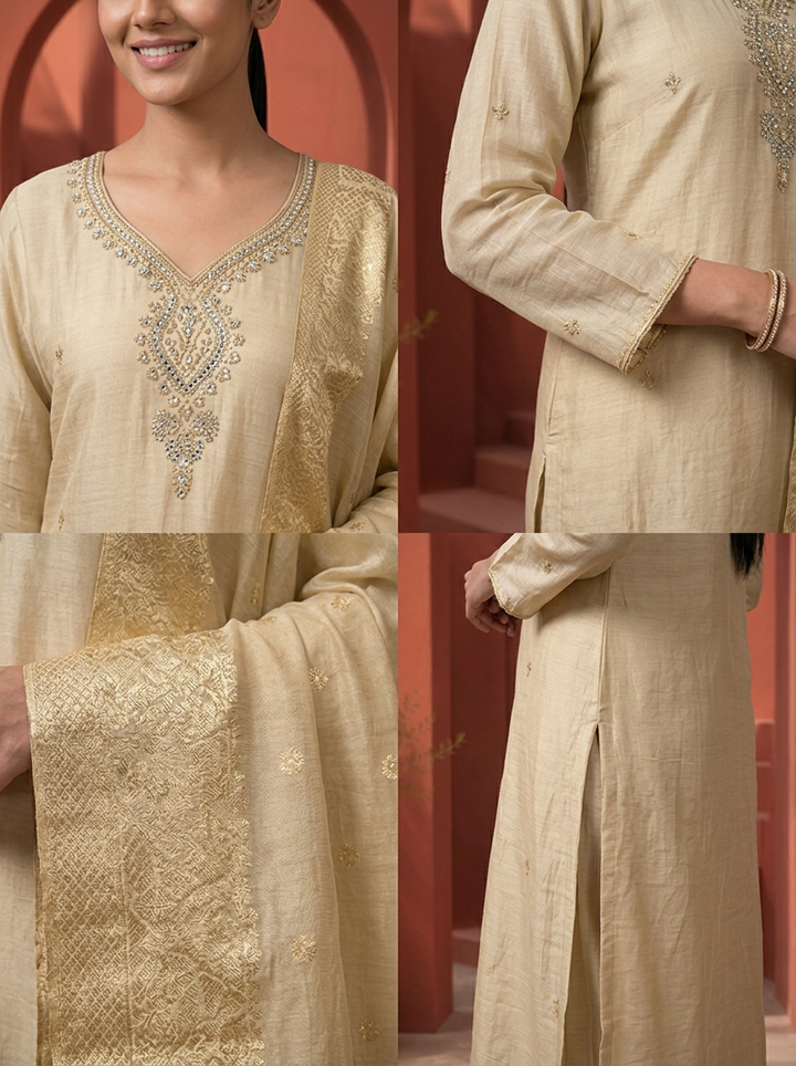 Grey Muslin Heavy Stone And Zari Embroidered Three Piece Set