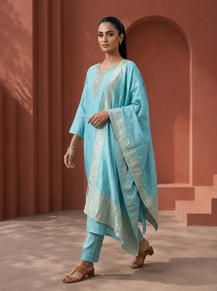 Sky Blue Muslin Heavy Stone And Zari Embroidered Three Piece Set