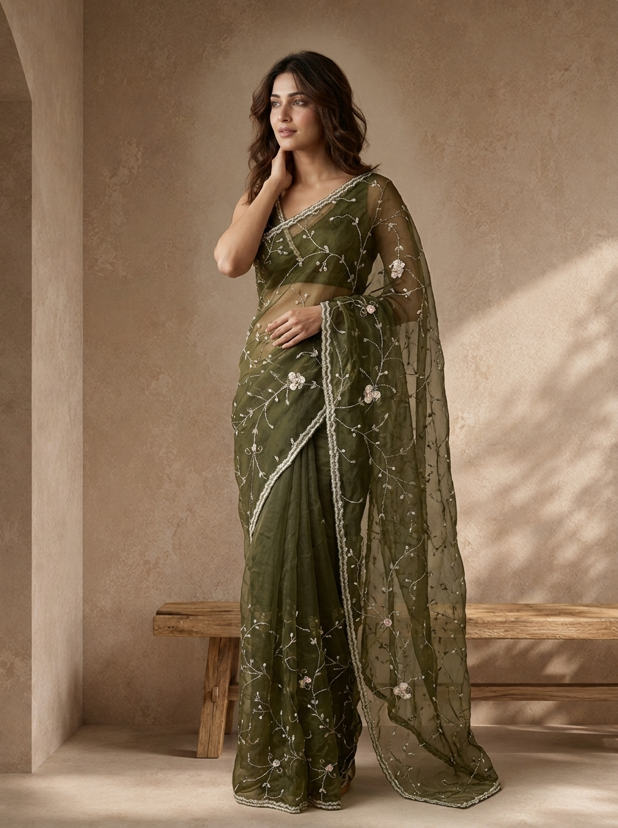 Mehadi Green Organza Bead Embroidered Saree