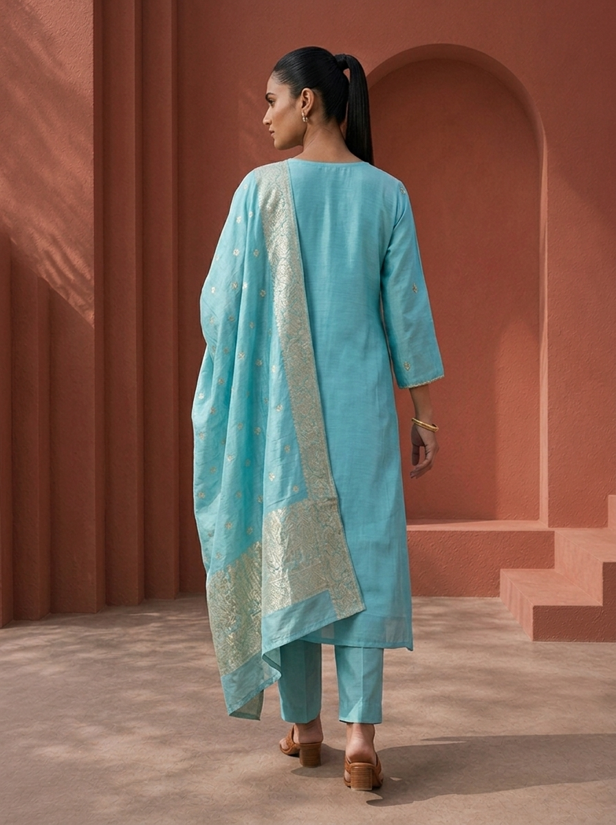 Sky Blue Muslin Heavy Stone And Zari Embroidered Three Piece Set
