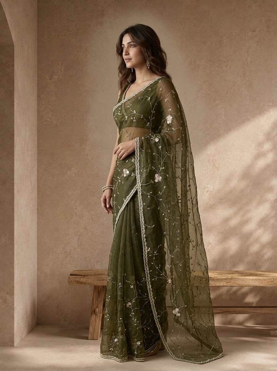 Mehadi Green Organza Bead Embroidered Saree