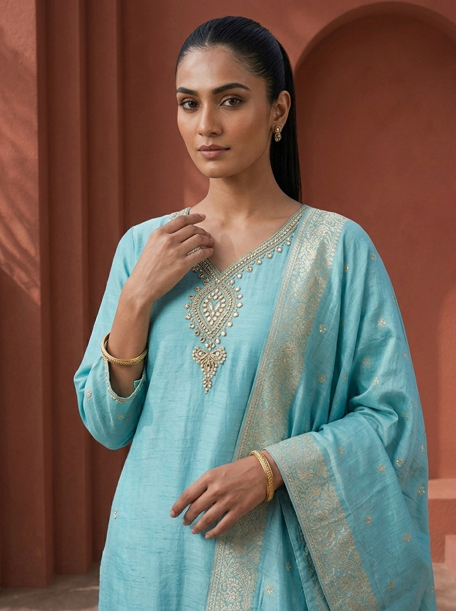 Sky Blue Muslin Heavy Stone And Zari Embroidered Three Piece Set