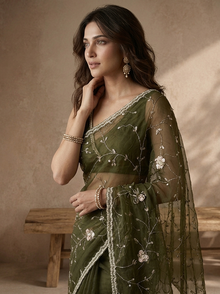 Mehadi Green Organza Bead Embroidered Saree