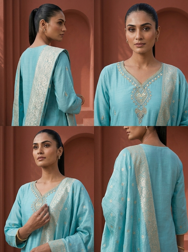 Sky Blue Muslin Heavy Stone And Zari Embroidered Three Piece Set